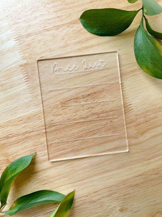 PRICE LIST Acrylic Display Only
