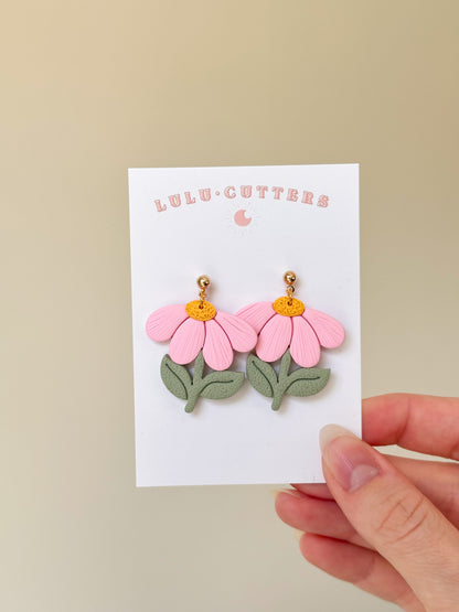 Pink Flower + Stem Earrings